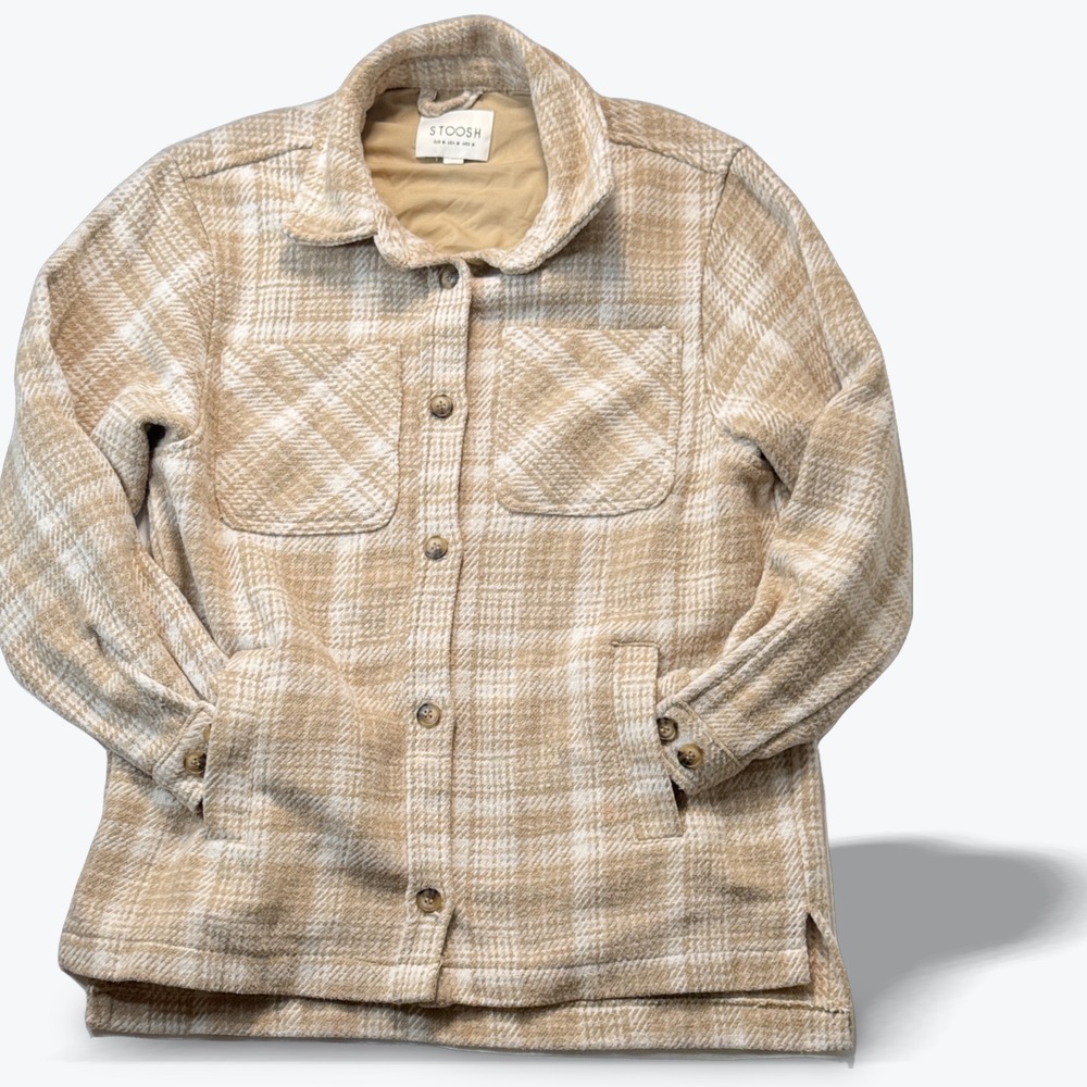Stoosh Plaid Shacket Shirt Jacket Women Medium Relaxed Tan Cream Tweed Outerwear